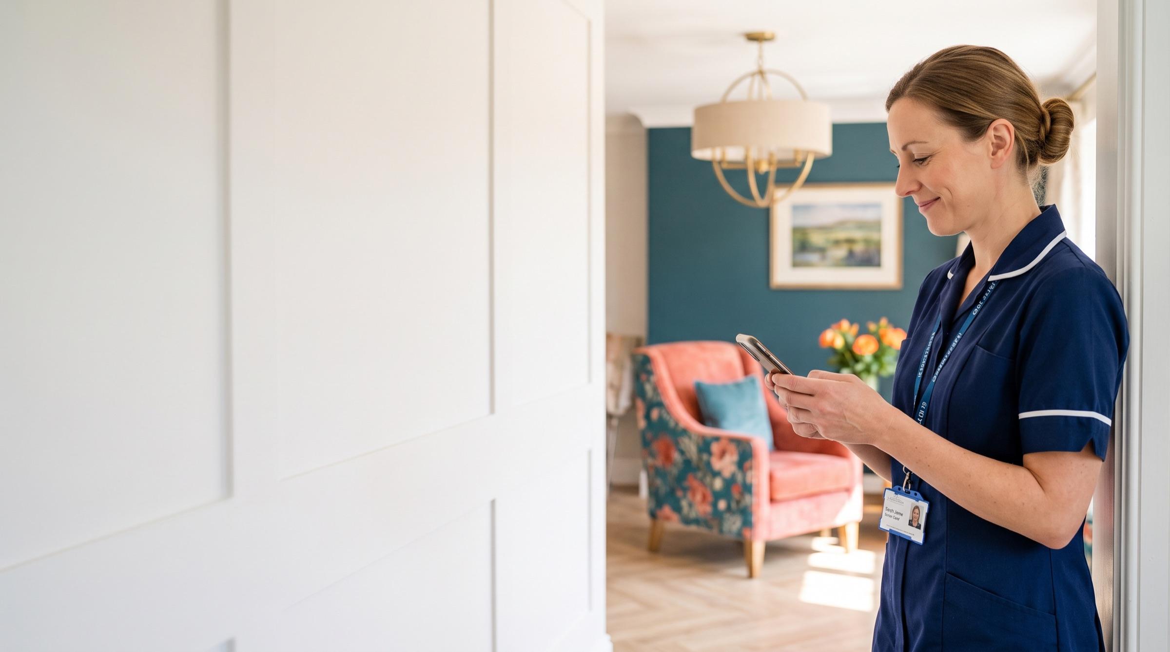 A senior carer in a navy tunic reads her phone in a bright, panelled care home lounge